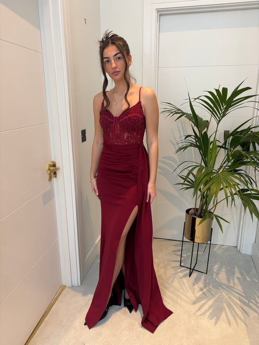 HARPER GOWN BURGANDY  WITH LACE AND DIAMONTE BODICE