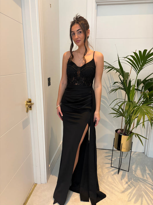 HARPER GOWN BLACK WITH LACE AND DIAMONTE BODICE