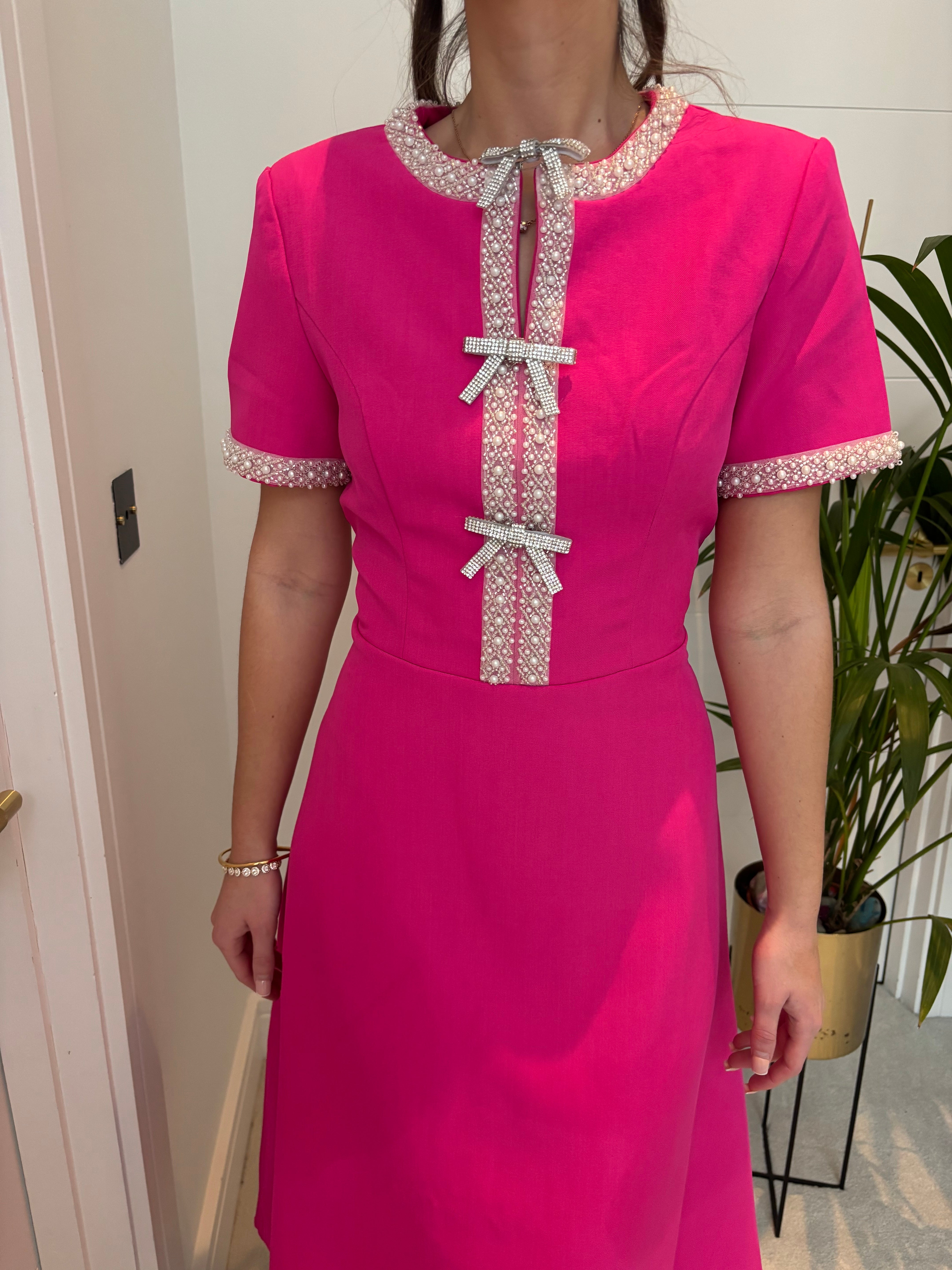 RAYA BRIGHT PINK PEARL AND DIAMONTE DETAIL DRESS – Starla Boutique