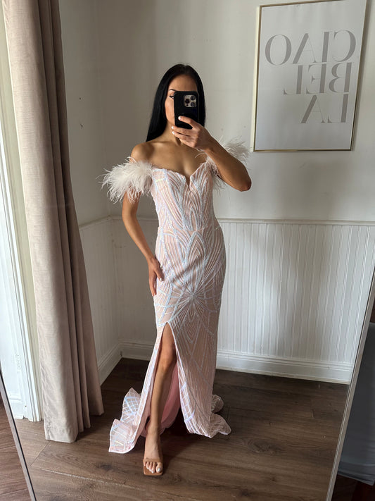 SEQUIN AND FEATHER BARDOT GOWN