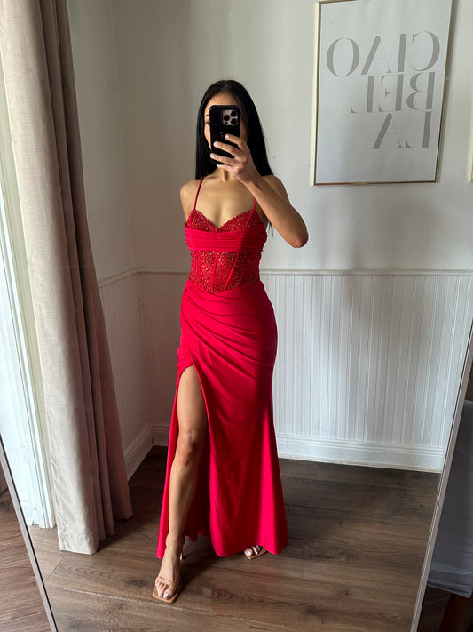 RED BEADED BODICE DRESS WITH SLIT