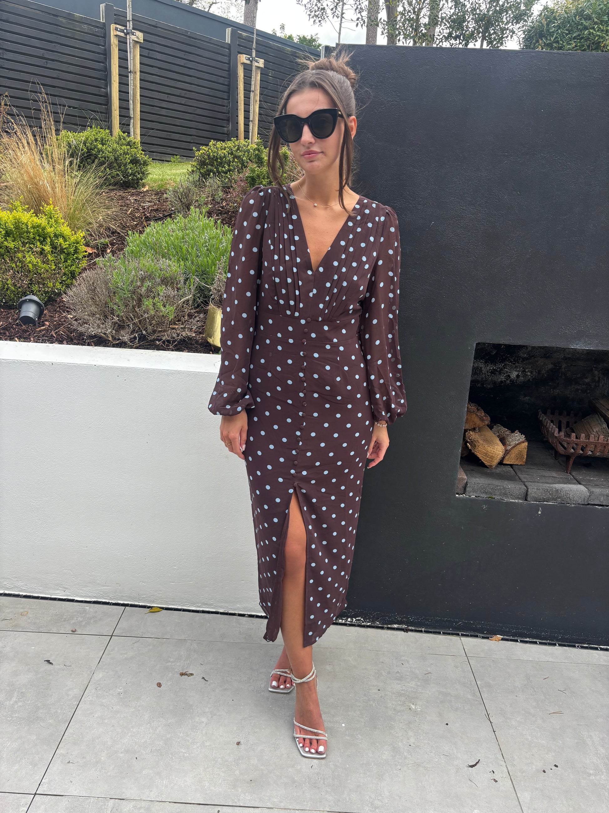 MIMI DRESS BROWN AND BLUE POLKA DOT Starla Boutique MIMI DRESS BROWN AND BLUE POLKA DOT Starla Boutique