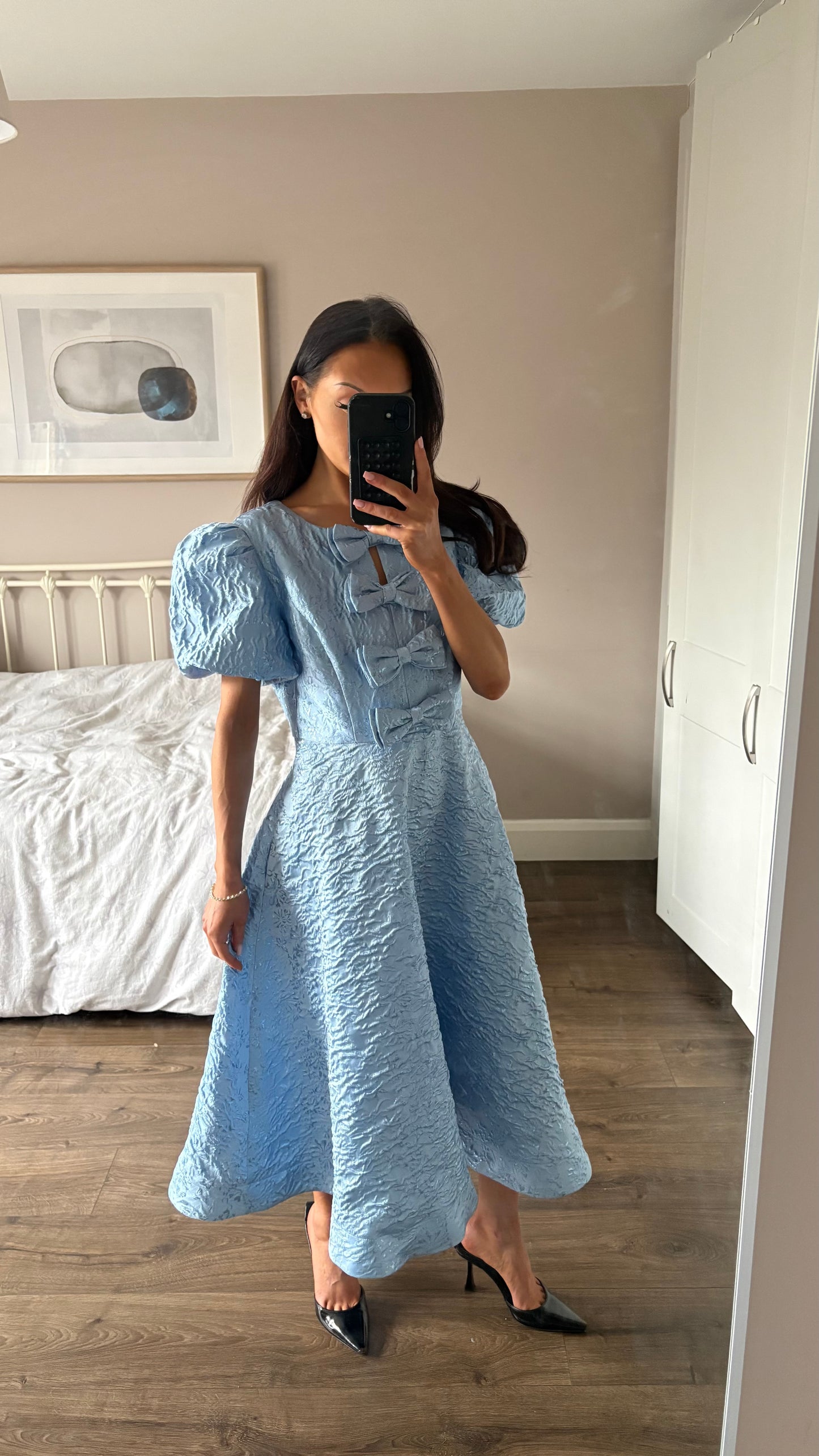 EMMY LIGHT BLUE JACQUARD BOW DRESS