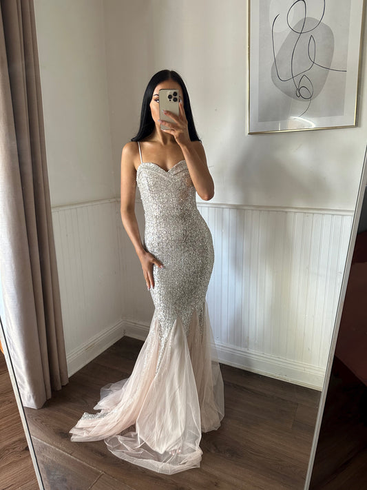 SANDRO MESH AND SEQUIN FISHTAIL GOWN