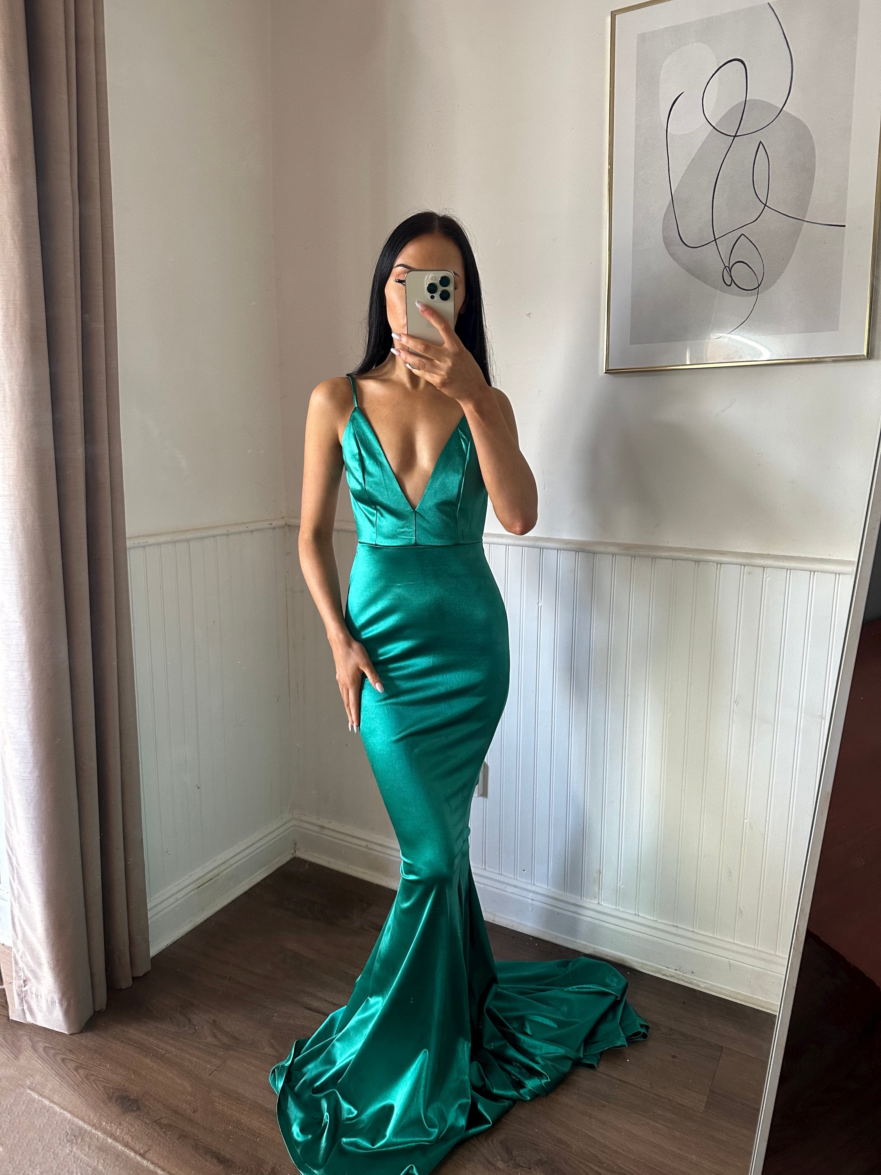 Green satin clearance gown