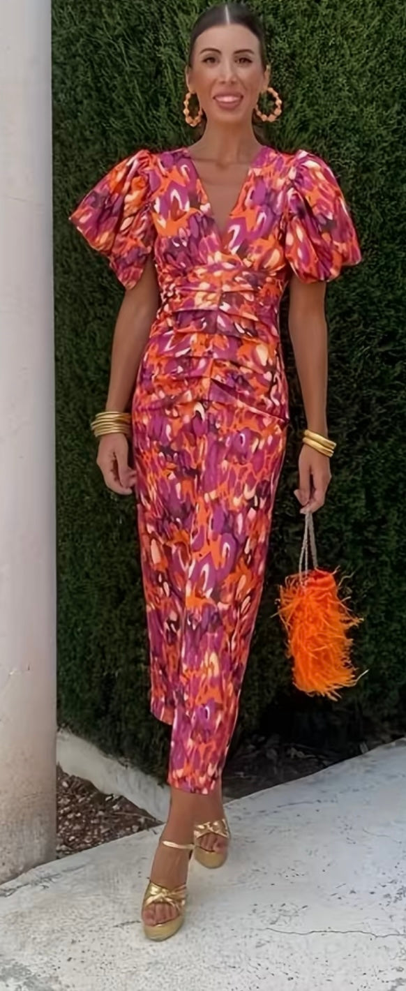 ORGANGE AND PURPLE RUCHED DRESS