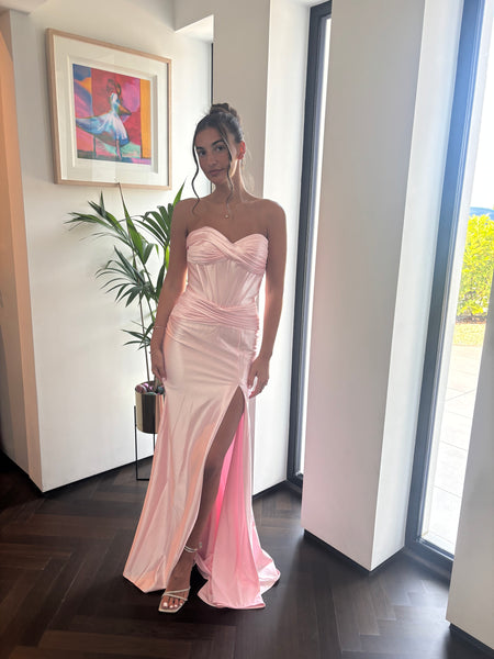 dusty pink fitted debs dress