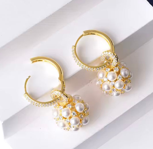 GOLD PEARL BALL DROP EARRINGS WITH DIAMONTE HOOPS