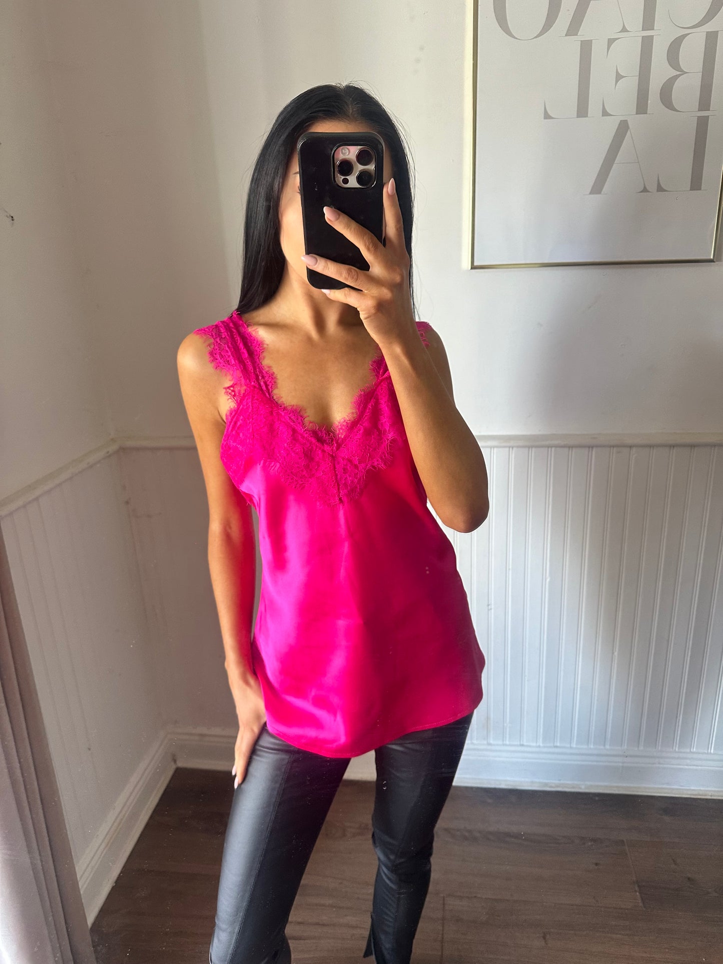 HOT PINK SATIN LACE CAMI