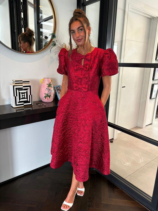 EMMY BURGANDY JACQUARD BOW DRESS