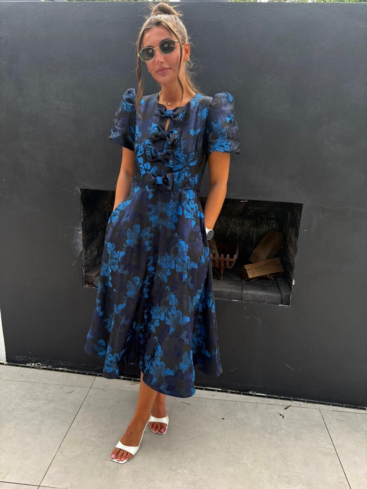 EMMY BLUE AND NAVY FLORAL BOW DRESS