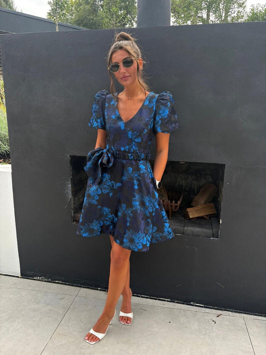 CARRIE DRESS SHORT BLUE AND NAVY FLORAL- PRE ORDER FOR 2ND WEEK OF OCTOBER!