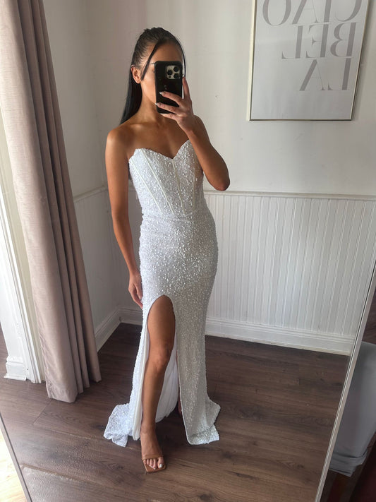 WHITE SEQUIN BODICE GOWN WITH SLIT