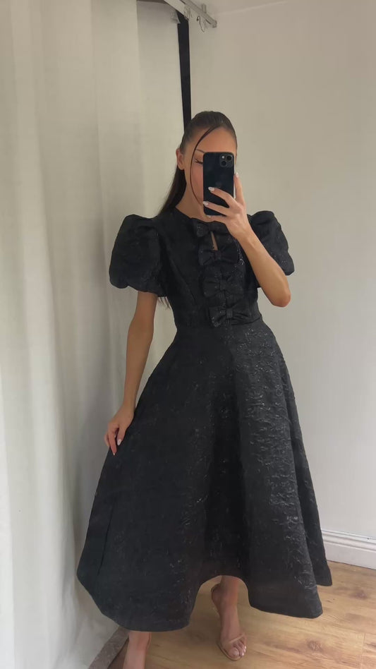 EMMY BLACK JACQUARD BOW DRESS