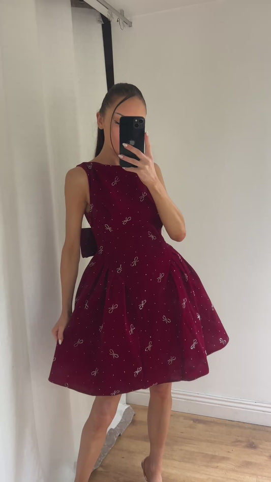 MINI VELVET BURGUNDY DRESS WITH DIAMONTE DETAIL AND BOW BACK