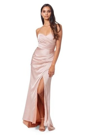 'PAIGE' NUDE SATIN STRAPLESS GOWN