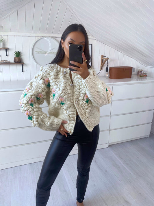 LULU CHUNKY KNIT FLORAL EMBROIDERED CARDIGAN JUMPERS FROM STARLA CLOTHING BOUTIQUE