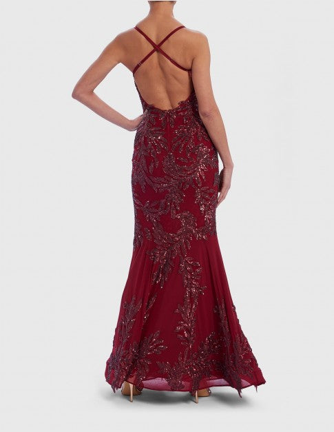 BURGUNDY RED EMBELLISHED FISHTAIL MAXI - FOREVER UNIQUE